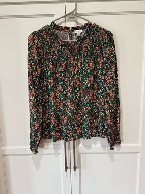 J Crew Green Floral Smocked Long-Sleeve Blouse